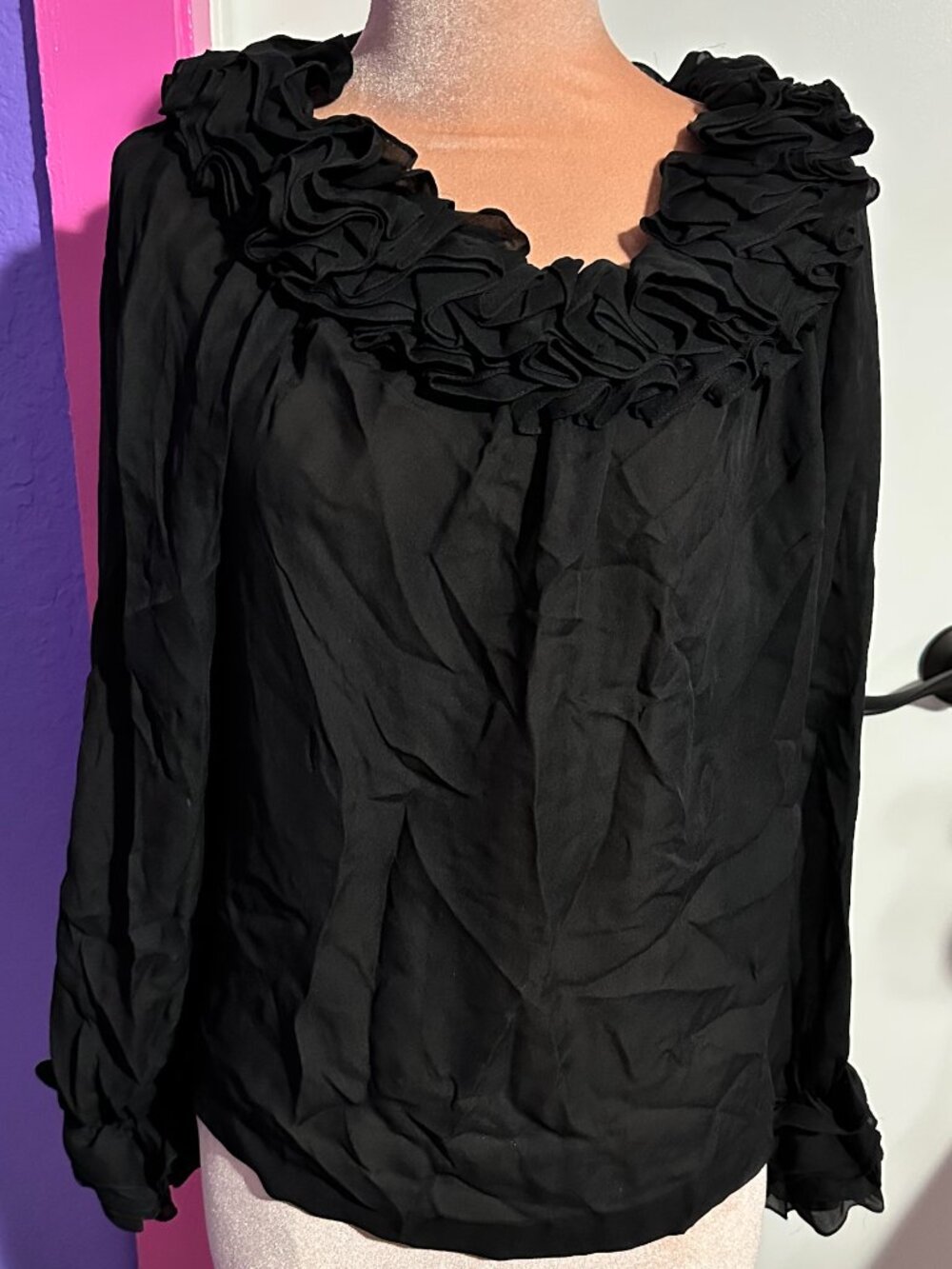 Tuleh Womens Black Long Sleeve Ruffle Blouse